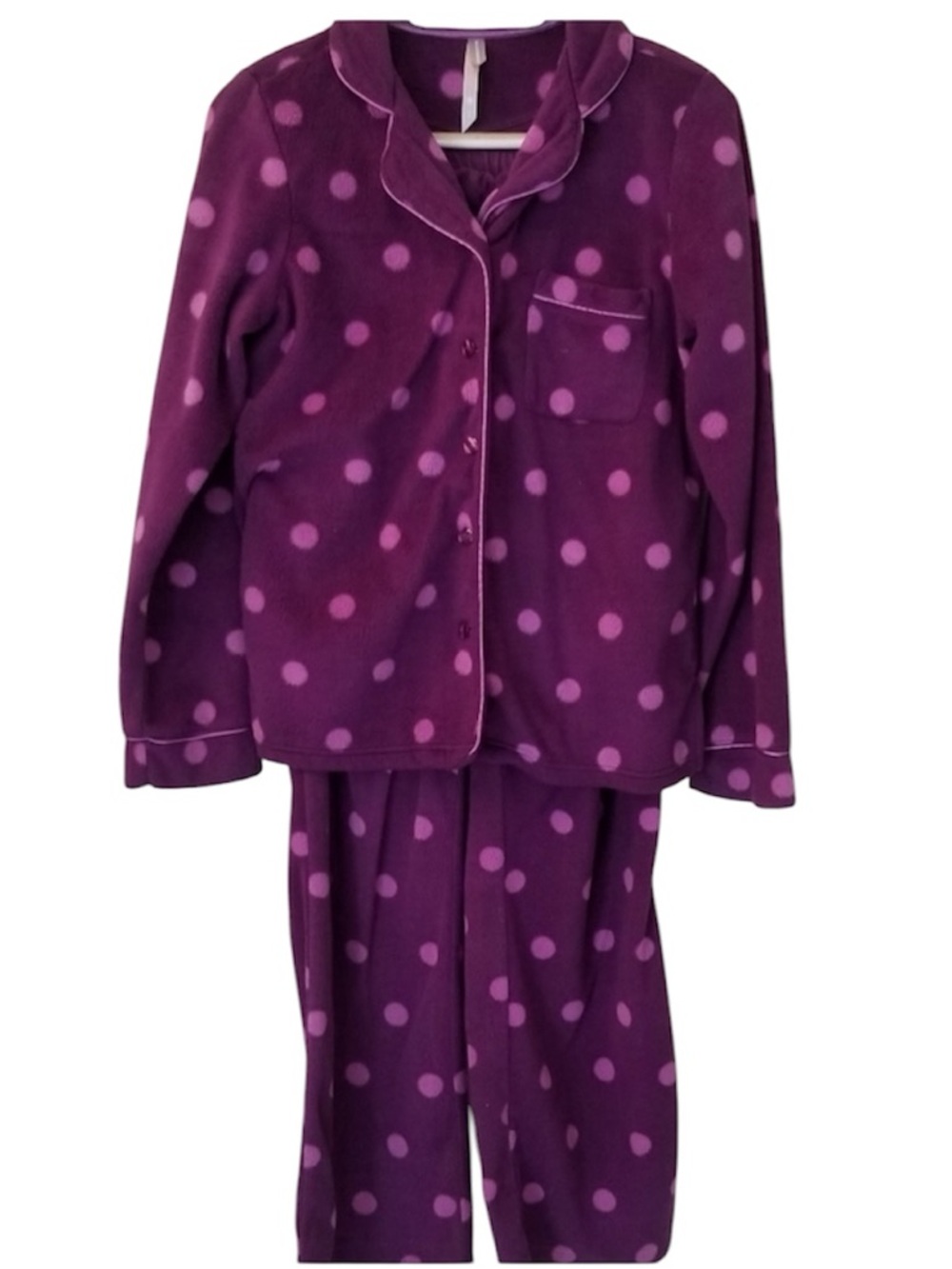 Denver Hayes Purple Polka Dot 2 Piece Pajama Set Soft fuzzy Pj Top Bottom Large